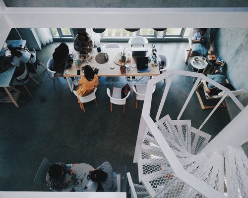 An overhead layout view of an eco-friendly office relaxation area